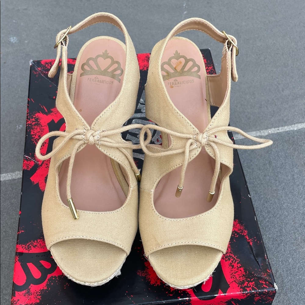 Fergalicious Beige Peep Toe Wedge Heels Size 5.5